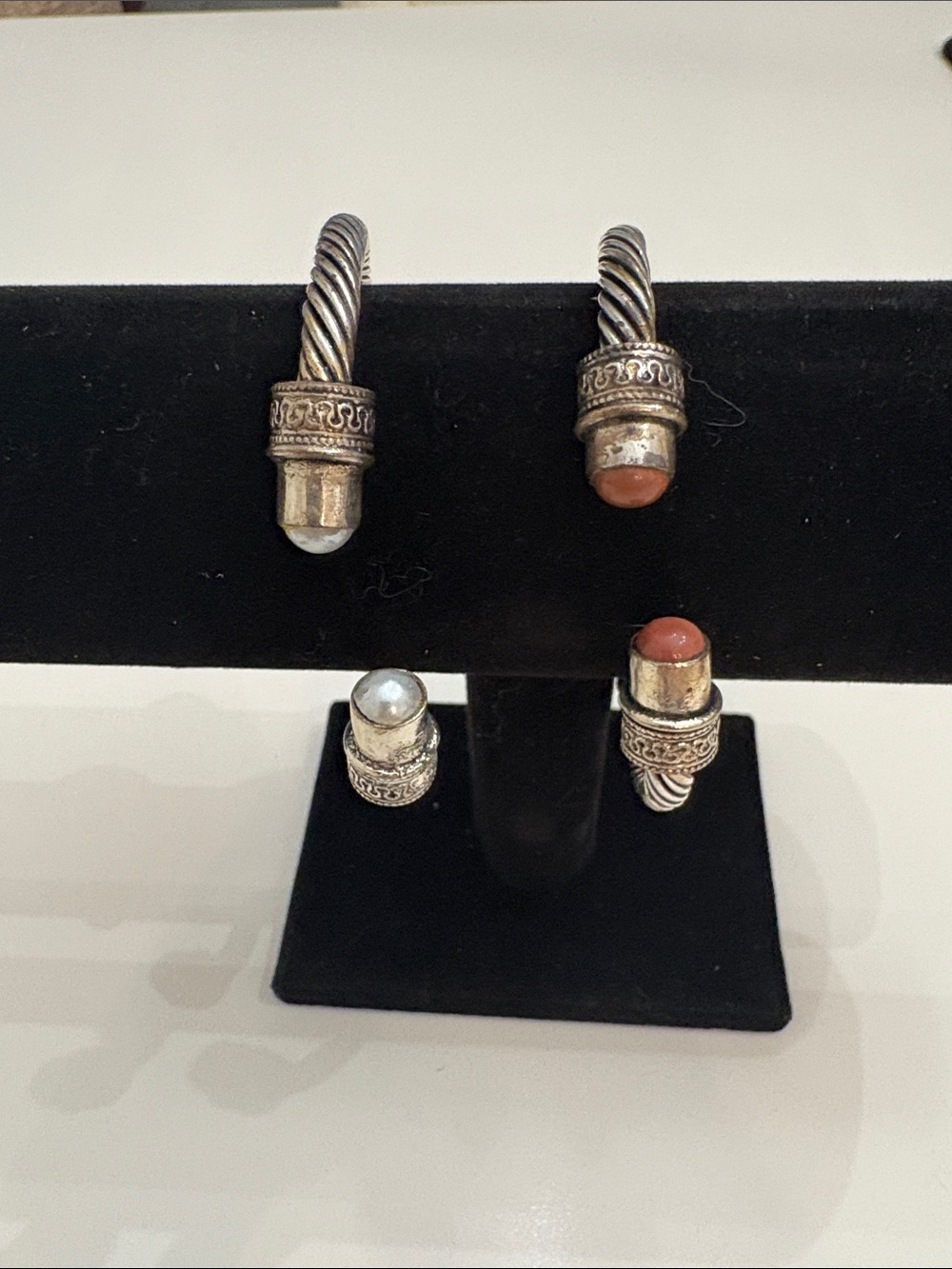 Twisted Silver Cuff Set with Coral and Pearl Accents